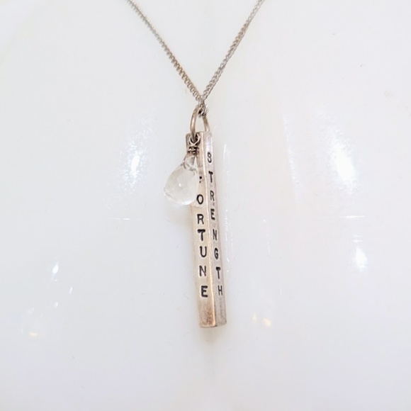 Sterling Silver & Quartz Rectangular Bar Inspirational Vertical Pendant Necklace - Picture 14 of 14